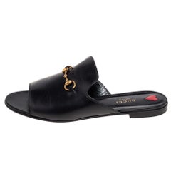 Gucci Black Leather Malaga Horsebit Flat Slides Size 41