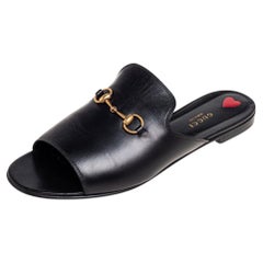 Gucci Black Leather Malaga Horsebit Flat Slides Size 41