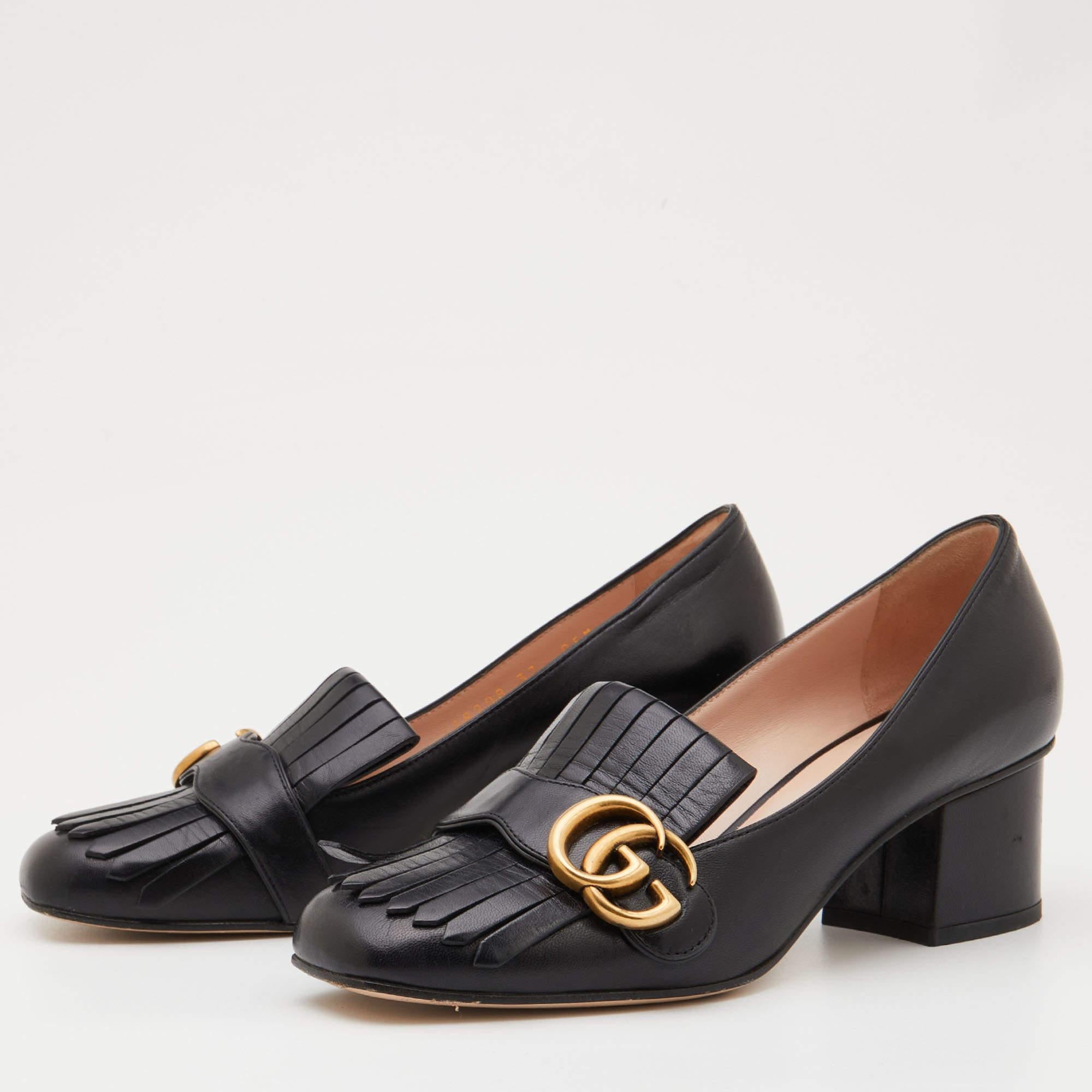 Women's Gucci Black Leather Marmont GG Fringe Detail Block Heel Pumps Size 37
