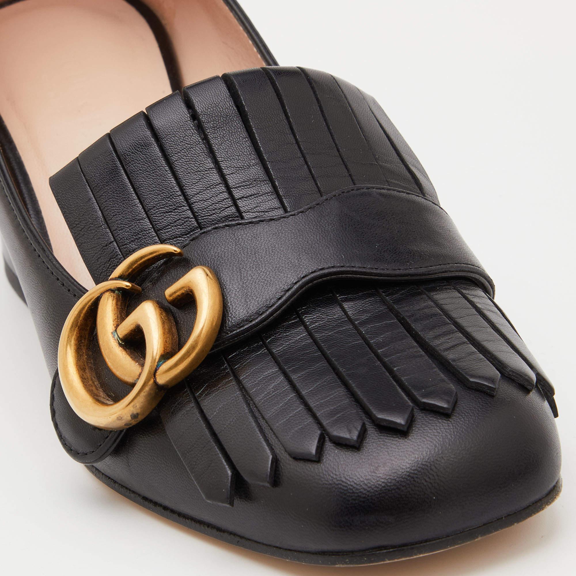 Gucci Black Leather Marmont GG Fringe Detail Block Heel Pumps Size 37 4
