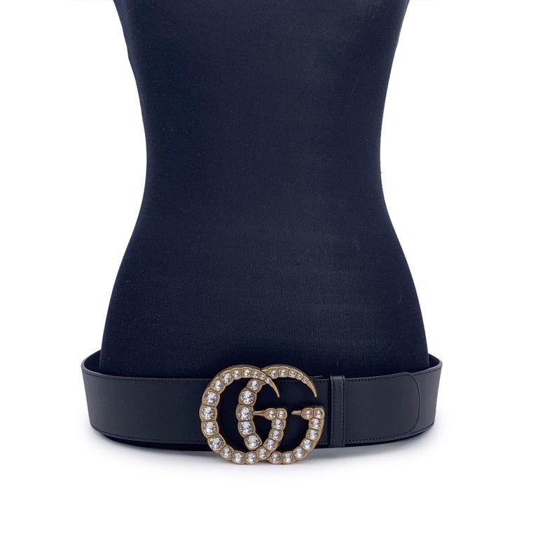 Gucci Black Leather Marmont Wide Belt with Crystal GG Buckle  display picture 3