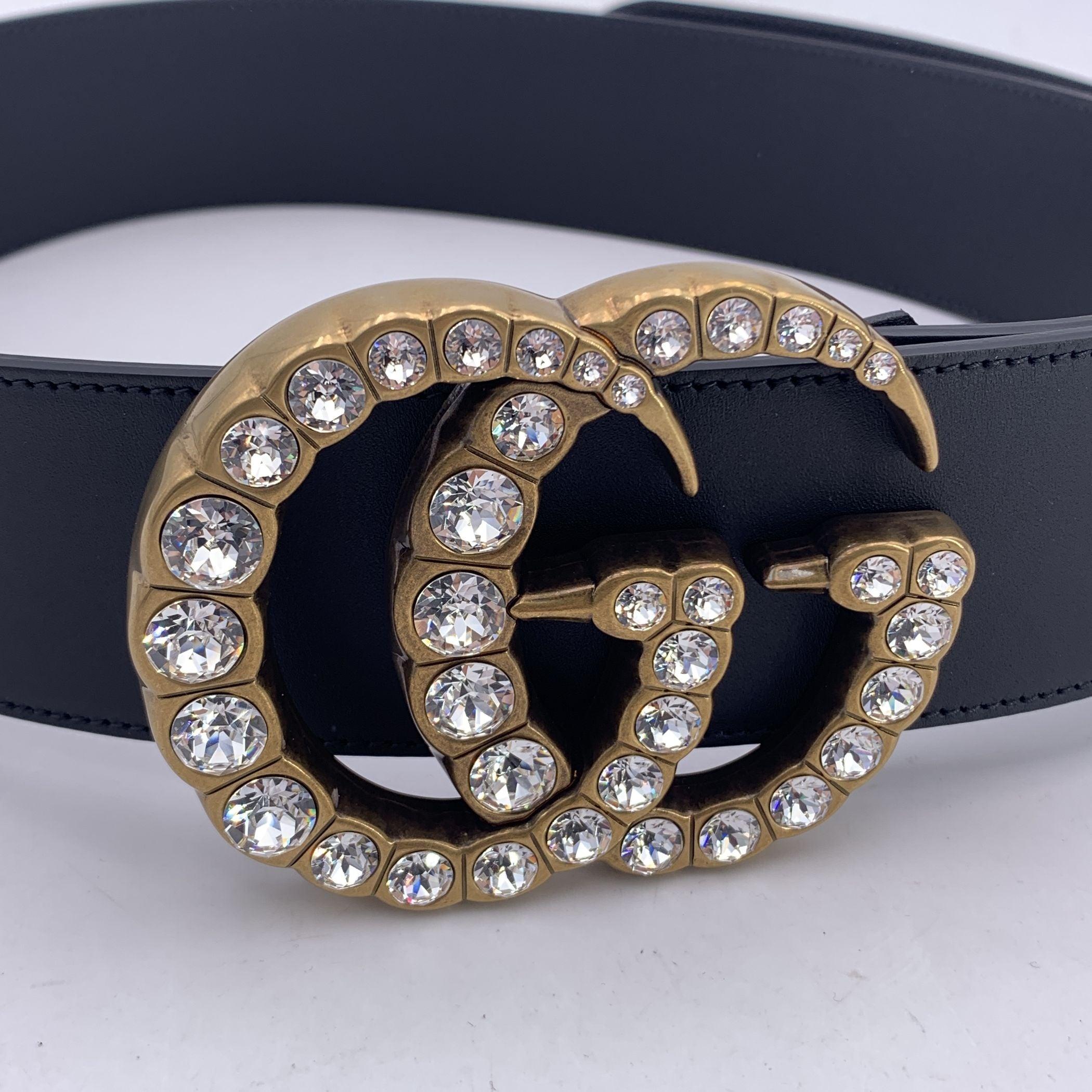 Gucci Black Leather Marmont Wide Belt with Crystal GG Buckle 110/44 In Excellent Condition In Rome, Rome