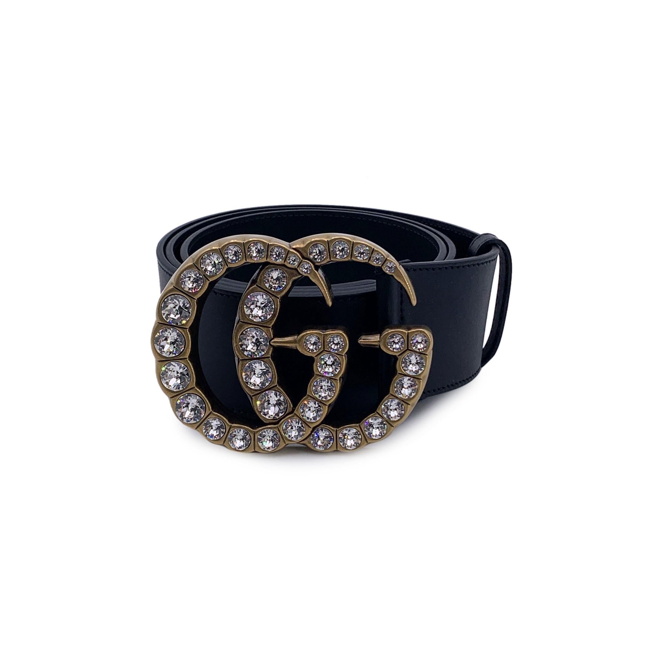 Gucci Black Leather Marmont Wide Belt with Crystal GG Buckle 110/44 2