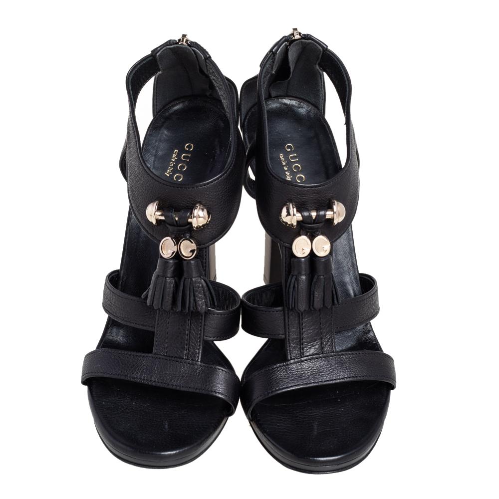 Gucci Black Leather Marrakech Open Toe Block Heel Sandals Size 38.5 2