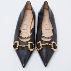 Gucci Black Leather Mary Jane Horsebit Pointed Toe Ballet Flats Size 37.5