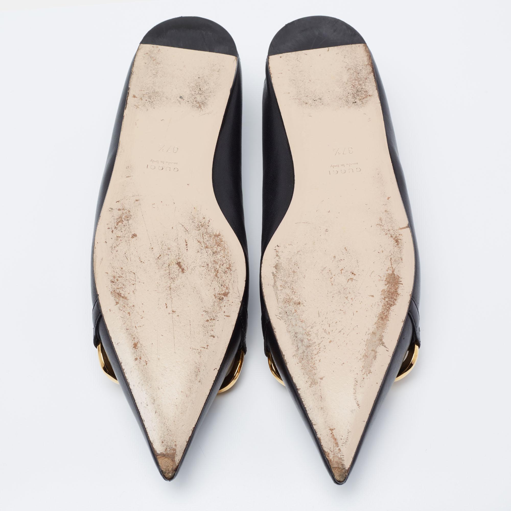 Gucci Black Leather Mary Jane Horsebit Pointed Toe Ballet Flats Size 37.5 In Good Condition In Dubai, Al Qouz 2