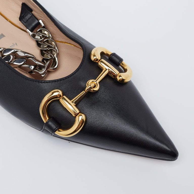 Gucci Black Leather Mary Jane Horsebit Pointed Toe Ballet Flats Size 37