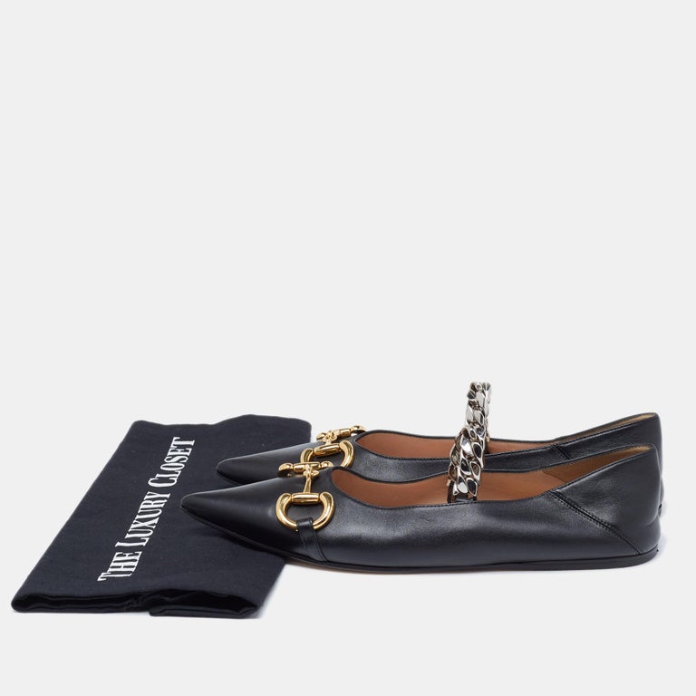 Gucci Black Leather Mary Jane Horsebit Pointed Toe Ballet Flats Size 37