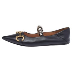 Gucci Black Leather Mary Jane Horsebit Pointed Toe Ballet Flats Size 37.5