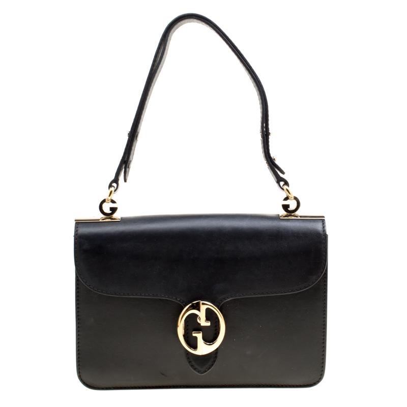 Gucci Black Leather Medium 1973 Double G Shoulder Flap Bag