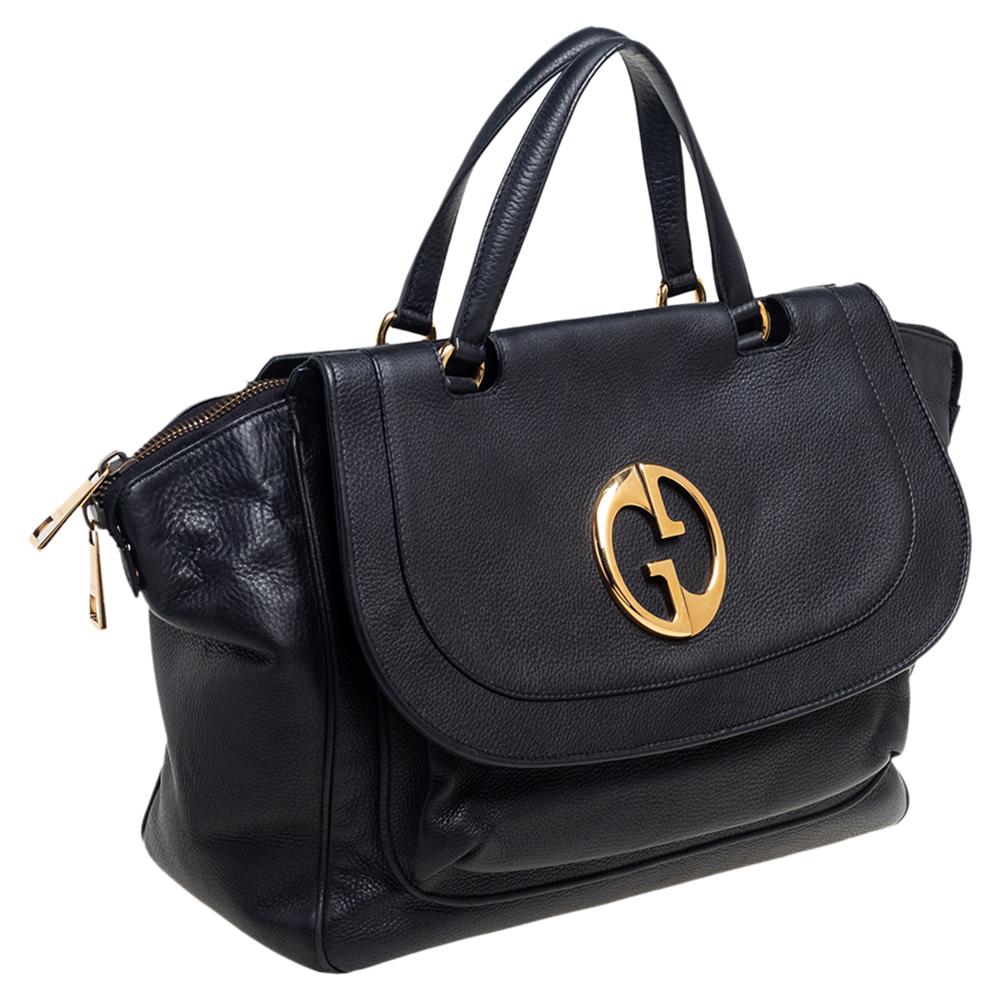 Gucci Black Leather Medium 1973 Top Handle Bag In Good Condition In Dubai, Al Qouz 2