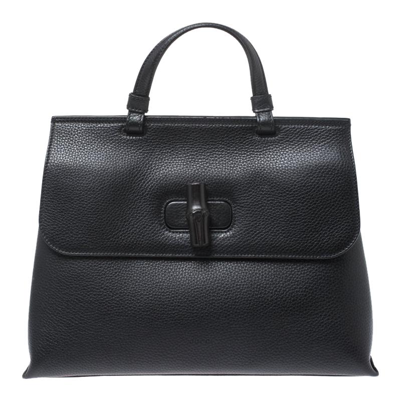Gucci Black Leather Medium Bamboo Daily Top Handle Bag For Sale at 1stDibs