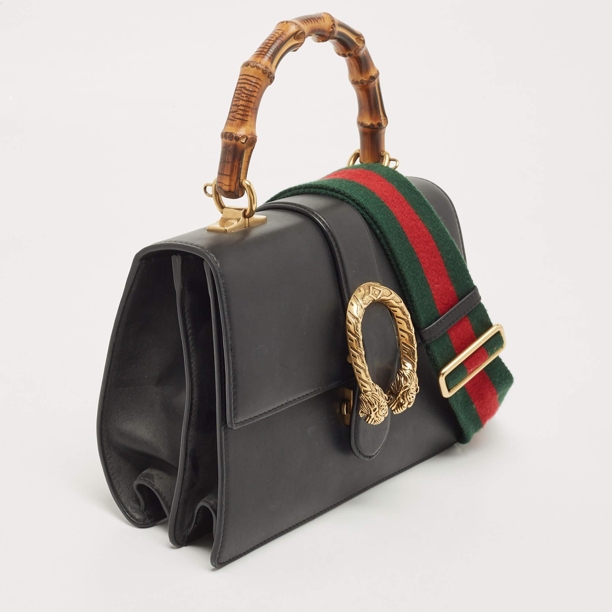 Women's Gucci Black Leather Medium Dionysus Bamboo Top Handle Bag