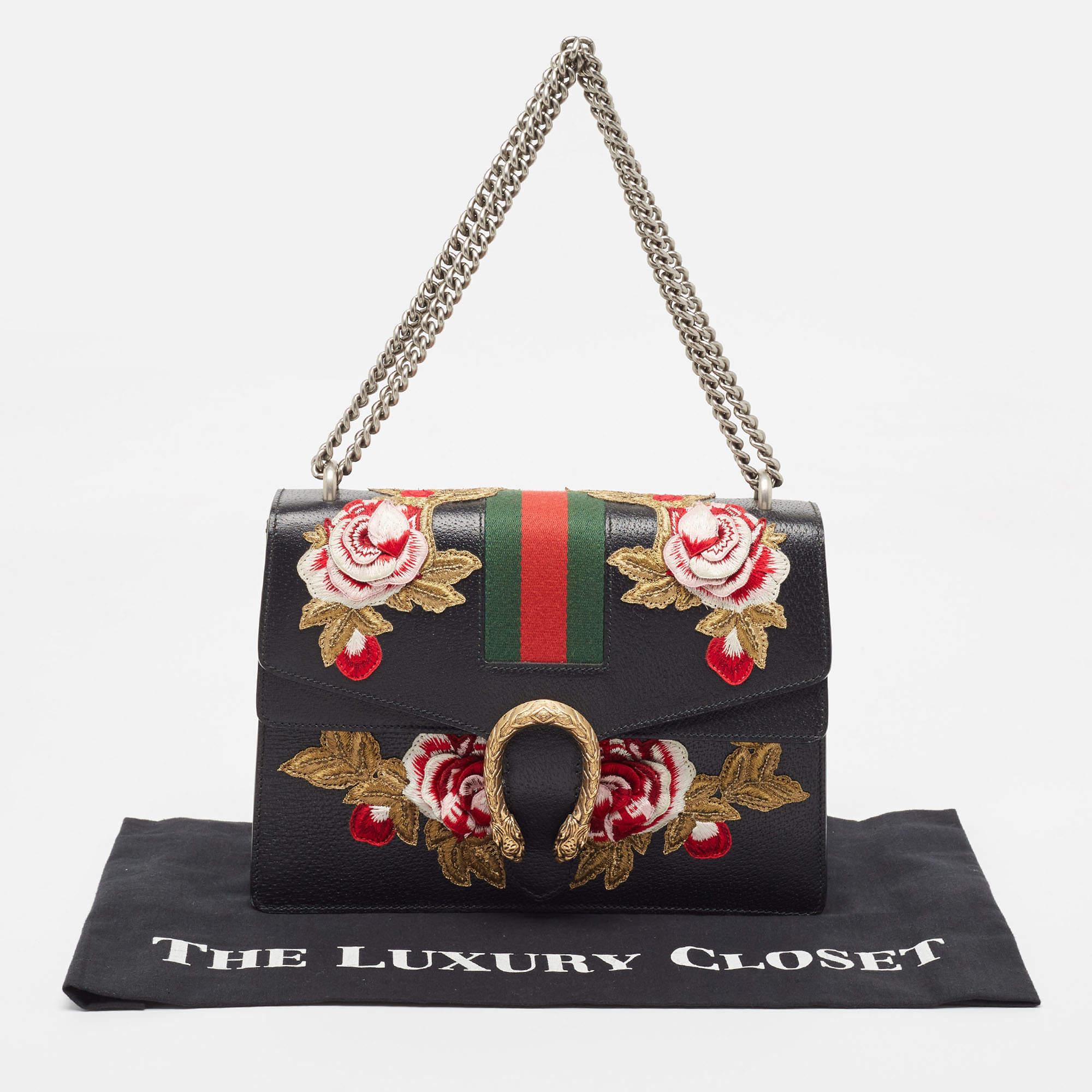 Gucci Black Leather Medium Embroidered Web Dionysus Shoulder Bag For Sale 7