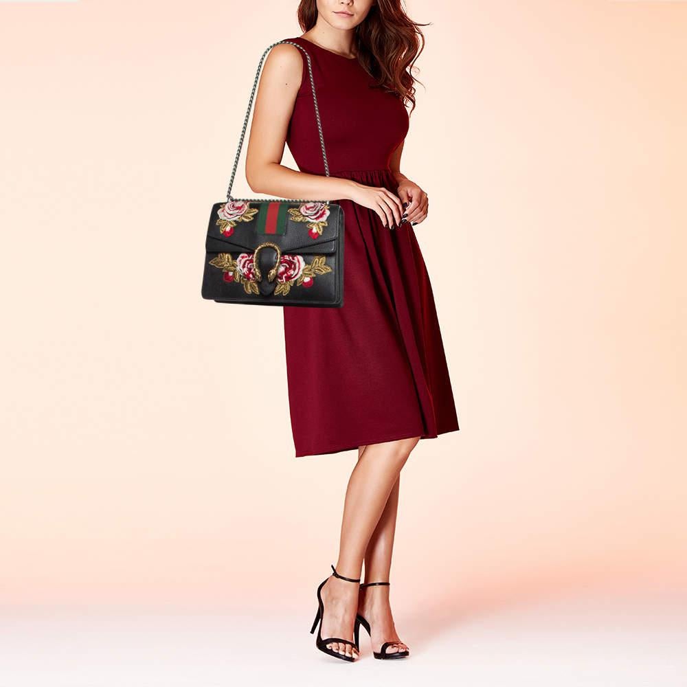 Brown Gucci Black Leather Medium Embroidered Web Dionysus Shoulder Bag