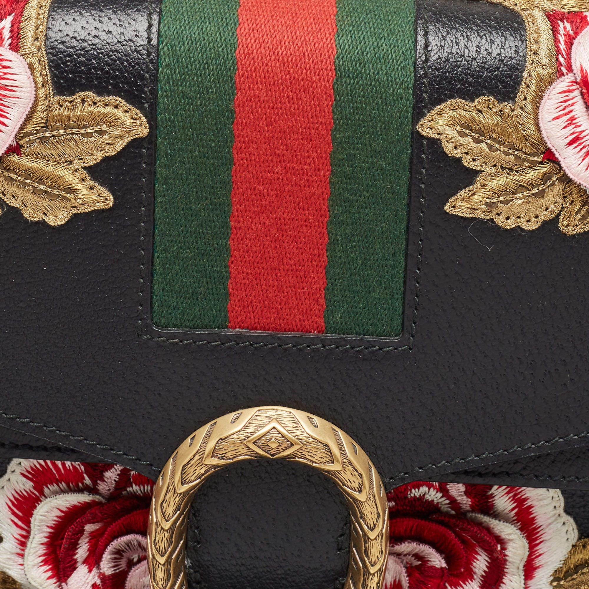 Women's Gucci Black Leather Medium Embroidered Web Dionysus Shoulder Bag