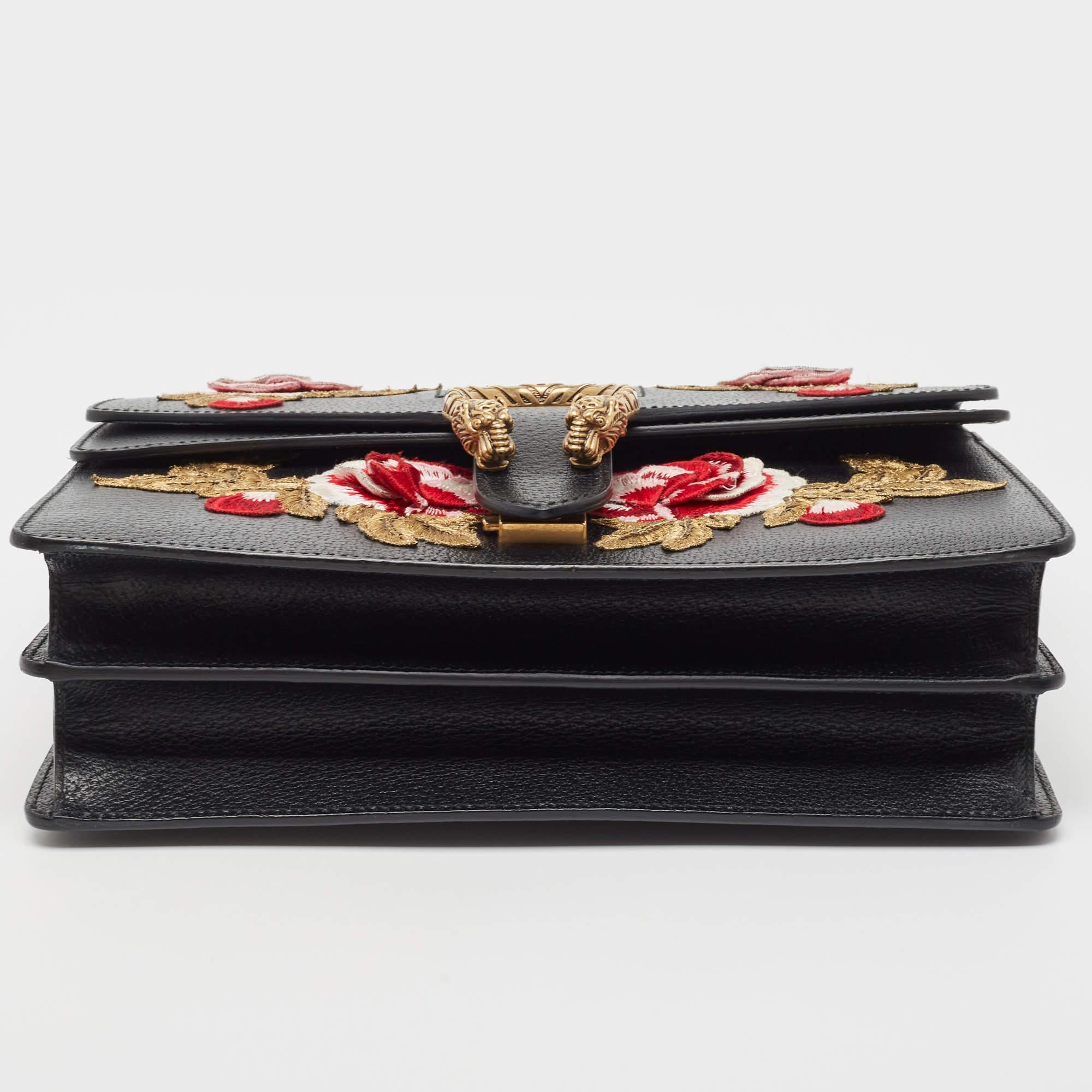 Gucci Black Leather Medium Embroidered Web Dionysus Shoulder Bag For Sale 2