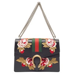 Gucci Black Leather Medium Embroidered Web Dionysus Shoulder Bag