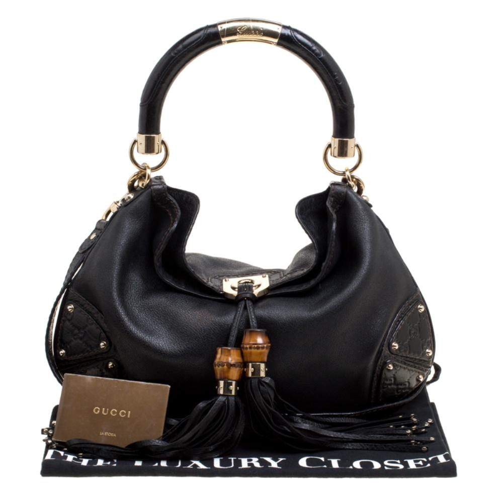 Gucci Black Leather Medium Indy Top Handle Bag 7