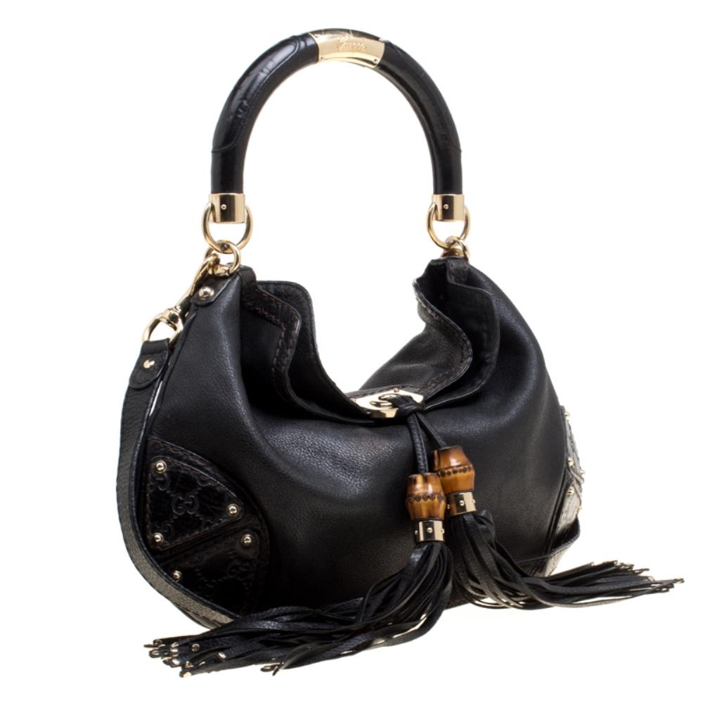 Gucci Black Leather Medium Indy Top Handle Bag In Good Condition In Dubai, Al Qouz 2