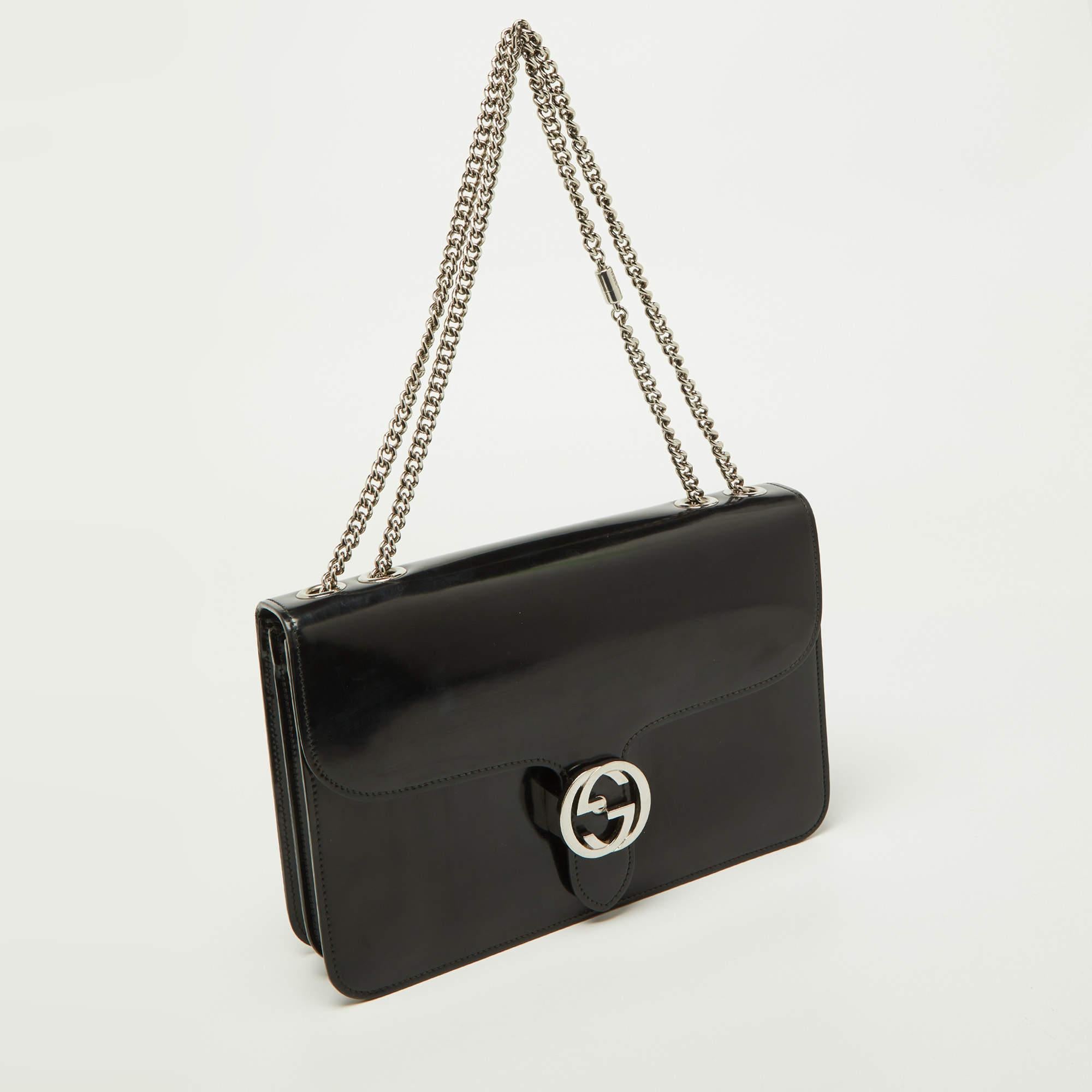Women's Gucci Black Leather Medium Interlocking G Shoulder Bag