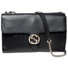 Gucci Black Leather Medium Interlocking GG Shoulder Bag