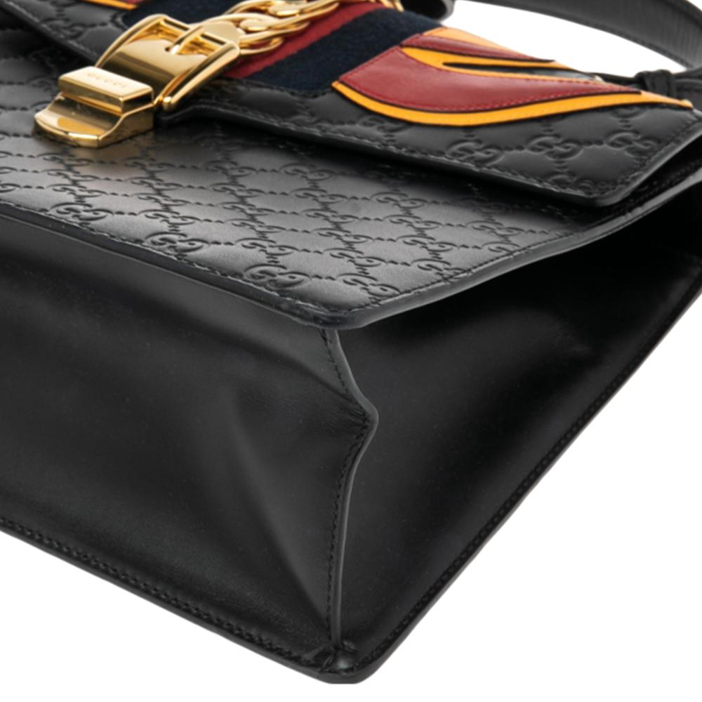 Gucci Black Leather Medium Sylvie Flame Top Handle Bag 4