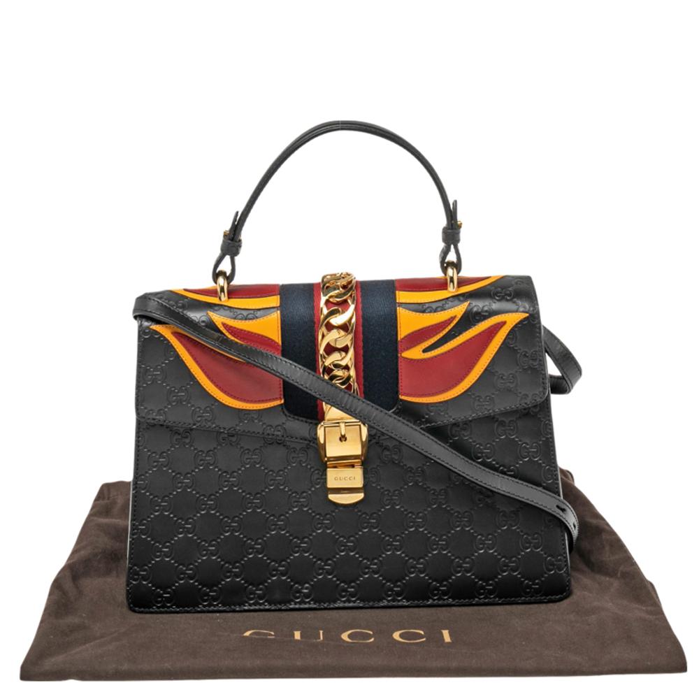 Gucci Black Leather Medium Sylvie Flame Top Handle Bag 6