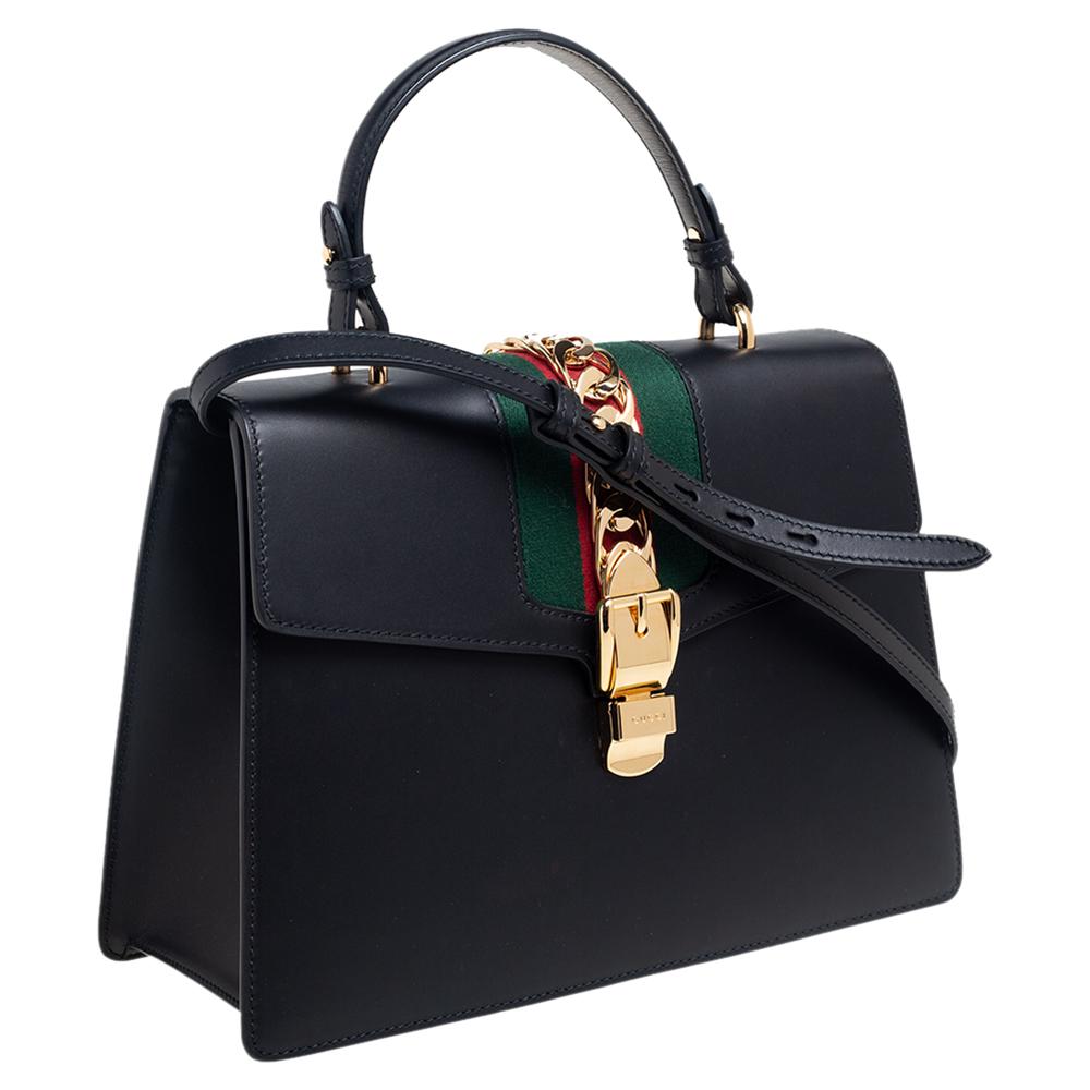 Women's Gucci Black Leather Medium Sylvie Top Handle Bag