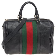 Gucci Black Leather Medium Vintage Web Duffel Bag