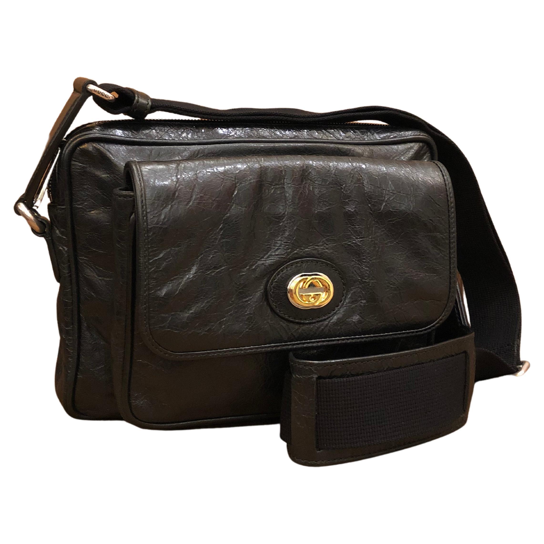 GUCCI Black Calfskin Leather Camera Crossbody Bag Unisex Mens For Sale