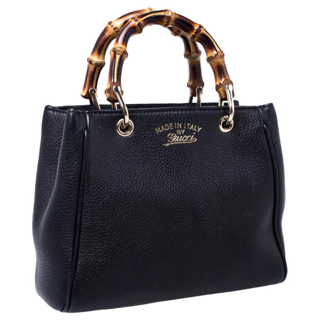 Women's Gucci Black Leather Mini Bamboo Top Handle Bag