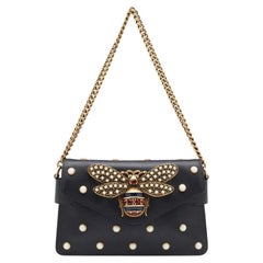 Gucci Black Leather Mini Pearl Studded Queen Margaret Broadway Shoulder Bag