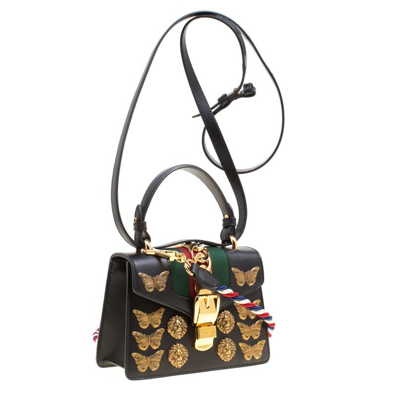 Gucci Black Leather Mini Sylvie Animal Stud Embellished Top Handle Shoulder Bag (Schwarz)