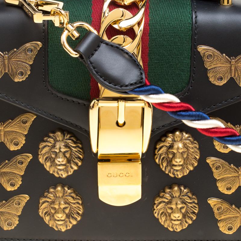Gucci Black Leather Mini Sylvie Animal Stud Embellished Top Handle Shoulder Bag Damen