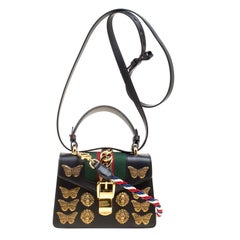 Gucci Black Leather Mini Sylvie Animal Stud Embellished Top Handle Shoulder Bag