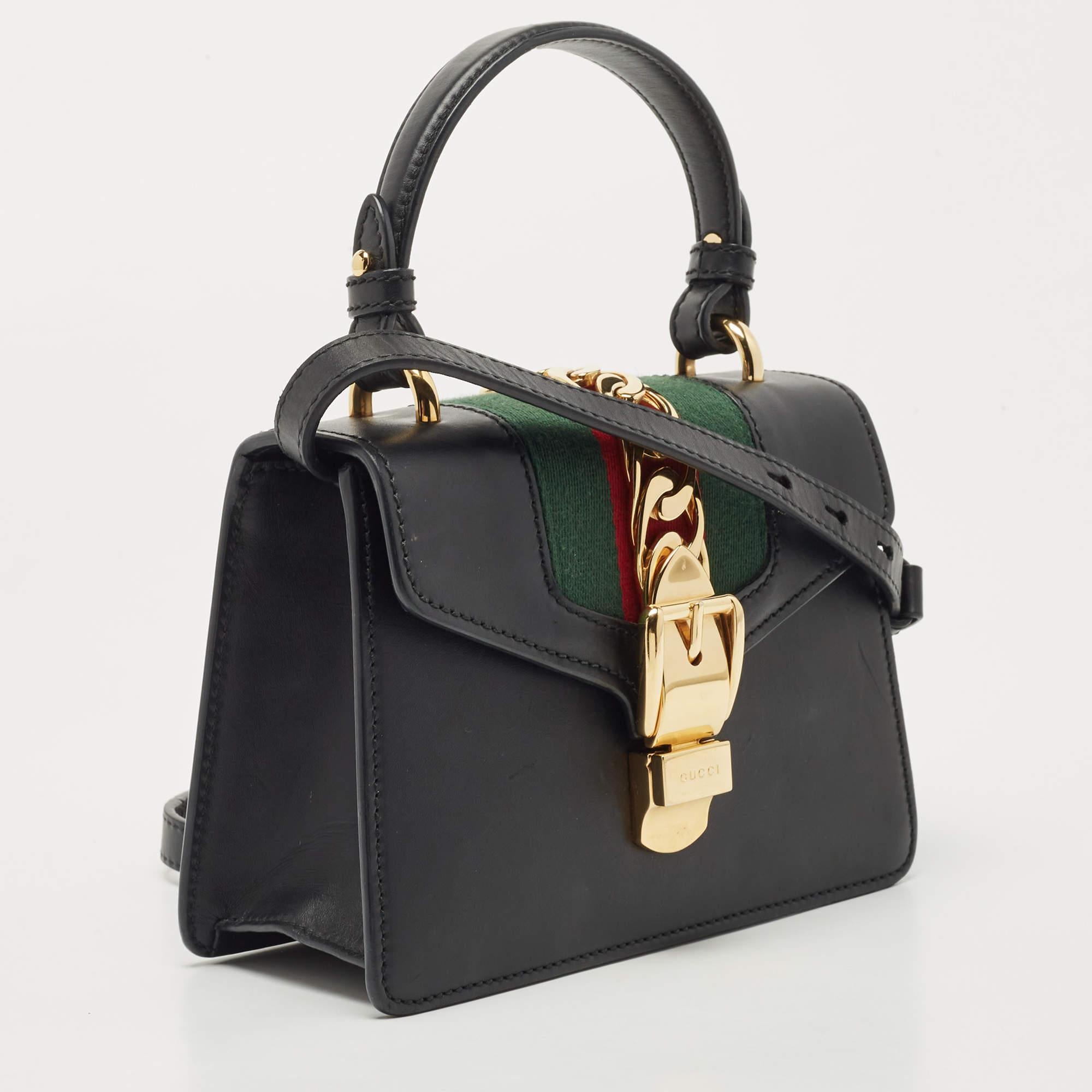 Women's Gucci Black Leather Mini Sylvie Top Handle Bag