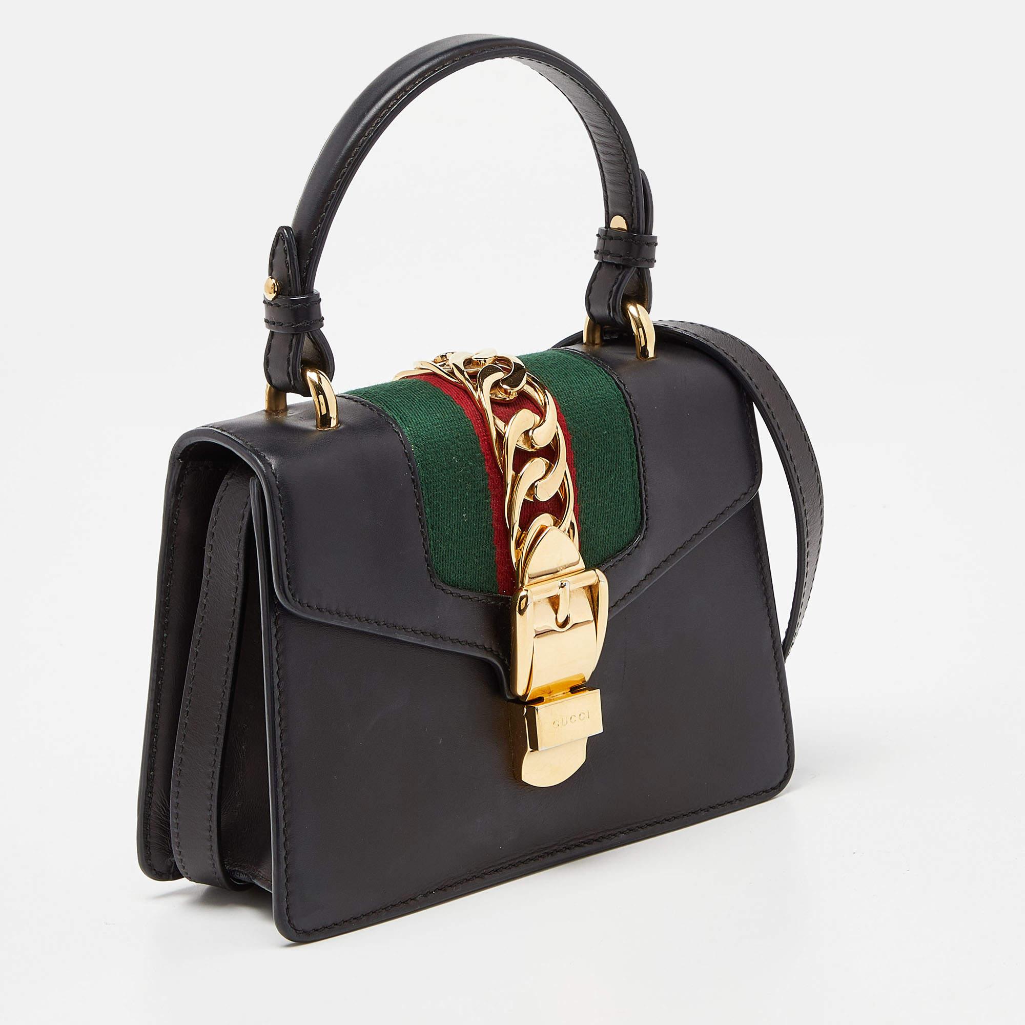 Gucci Black Leather Mini Sylvie Top Handle Bag For Sale 4