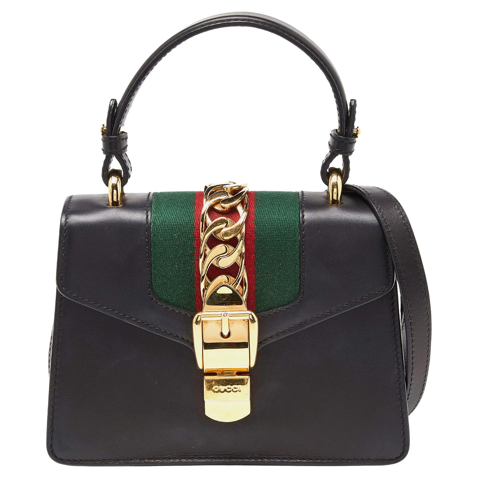 Gucci Black Leather Mini Sylvie Top Handle Bag For Sale