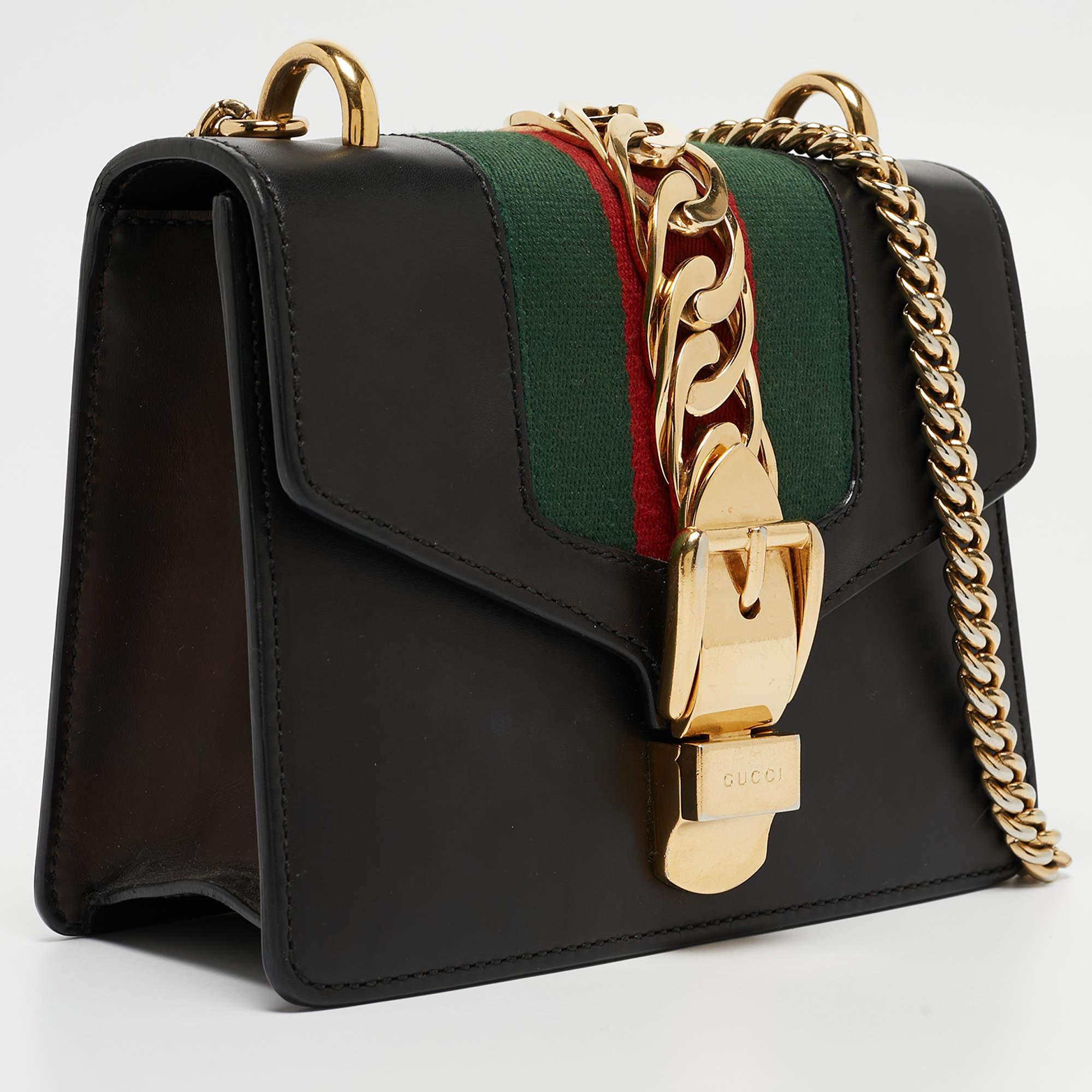 Gucci Black Leather Mini Web Chain Sylvie Crossbody Bag 7