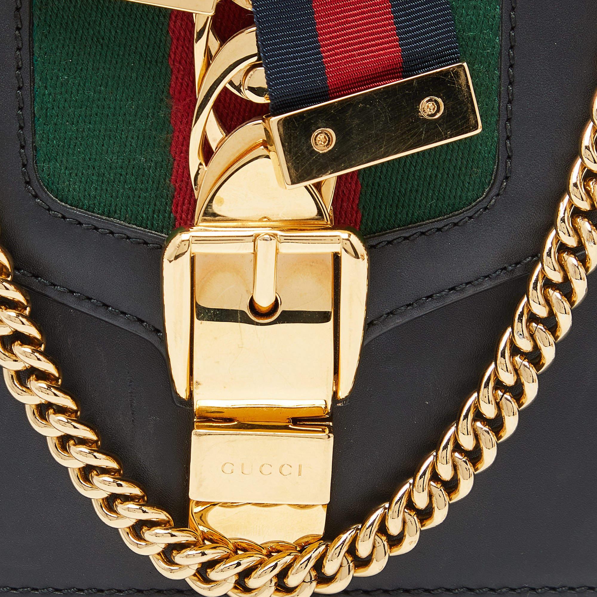 Gucci Black Leather Mini Web Chain Sylvie Crossbody Bag 8