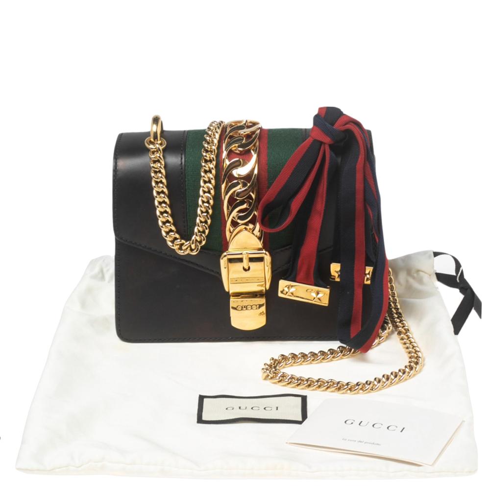 Gucci Black Leather Mini Web Chain Sylvie Crossbody Bag 9