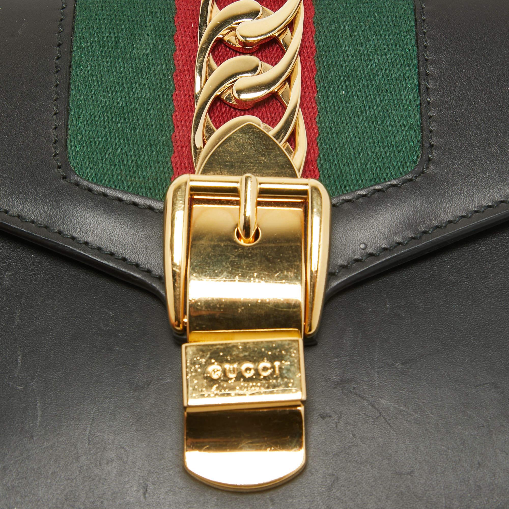 Gucci Black Leather Mini Web Chain Sylvie Crossbody Bag For Sale 9