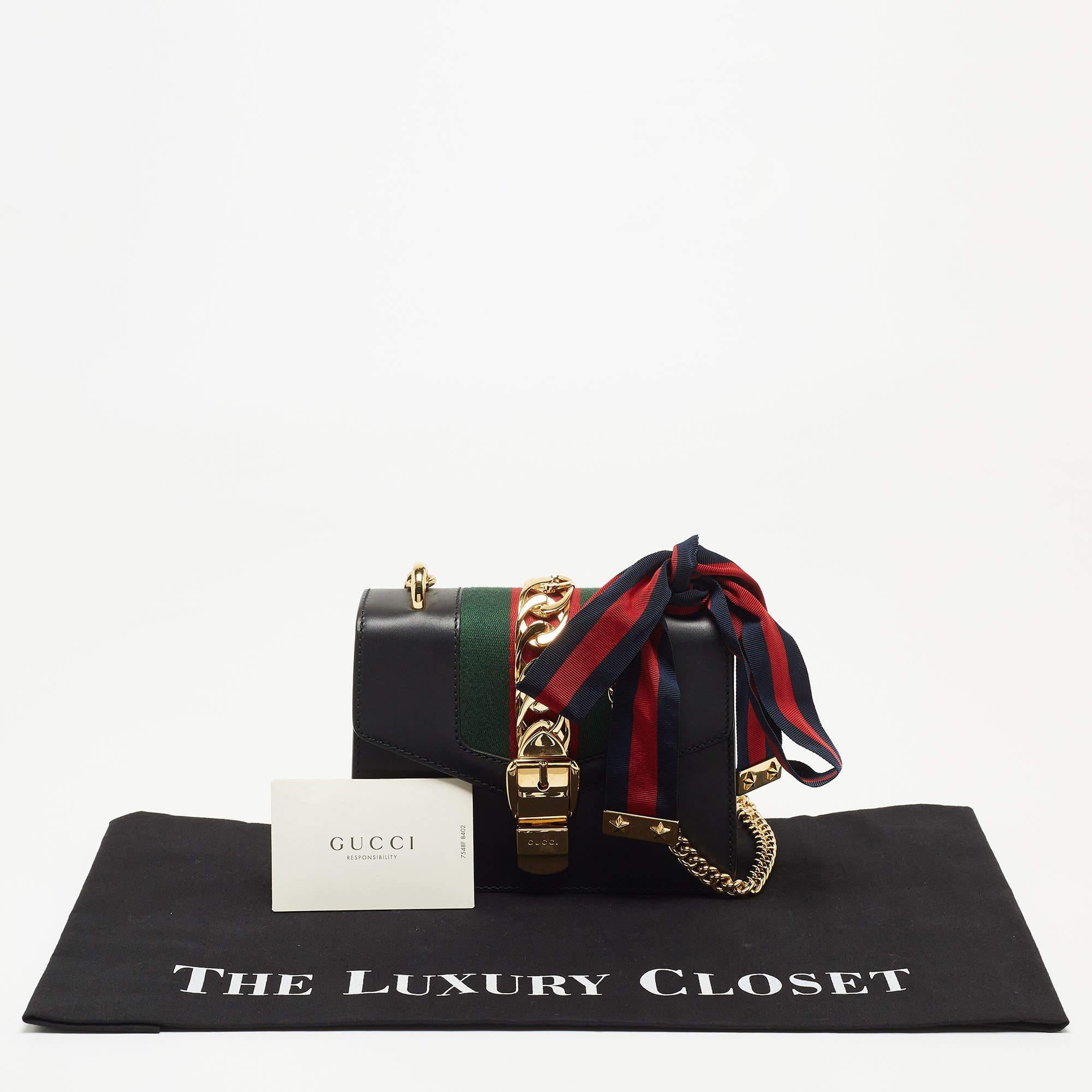 Gucci Black Leather Mini Web Chain Sylvie Crossbody Bag 14