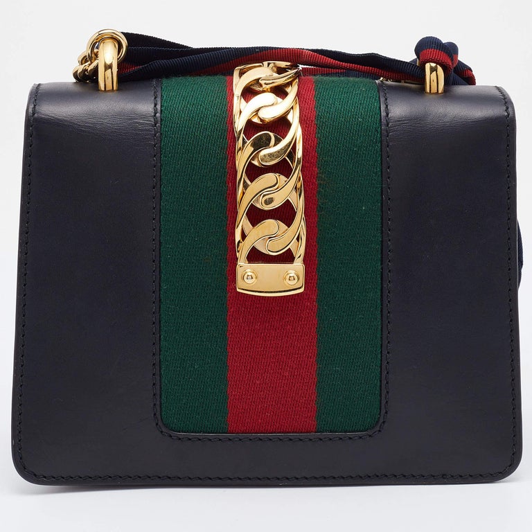 Gucci Black Leather Mini Web Chain Sylvie Crossbody Bag at 1stDibs