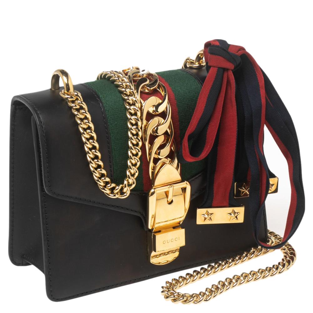 Women's Gucci Black Leather Mini Web Chain Sylvie Crossbody Bag