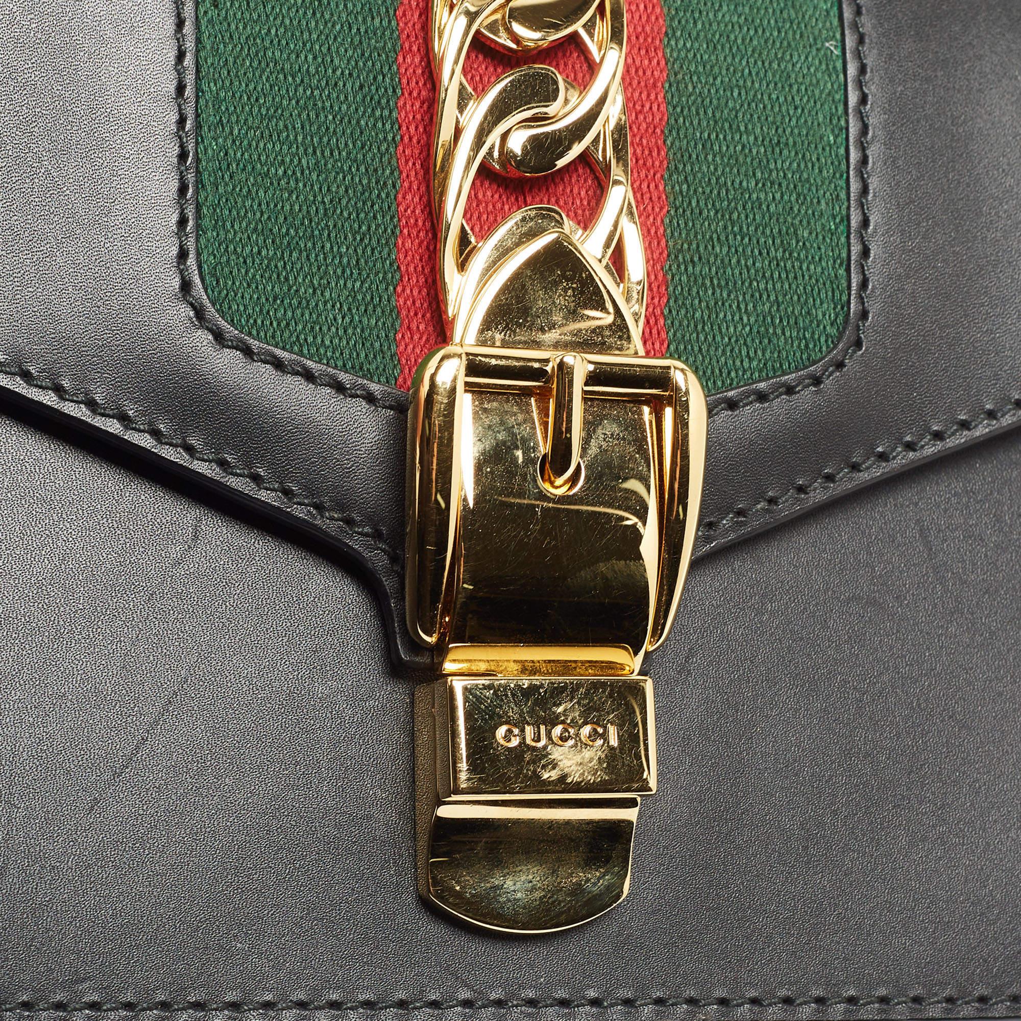 Women's Gucci Black Leather Mini Web Chain Sylvie Crossbody Bag
