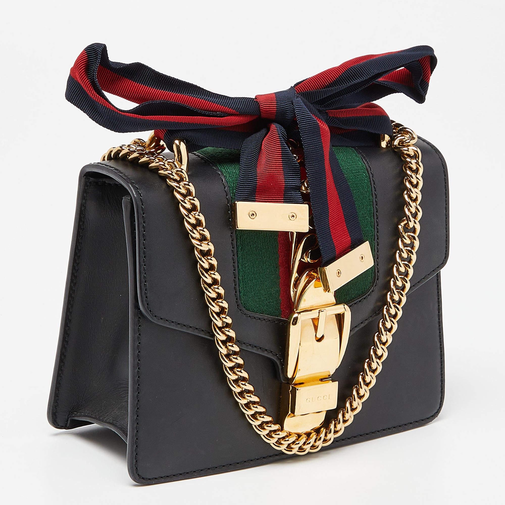 Women's Gucci Black Leather Mini Web Chain Sylvie Crossbody Bag