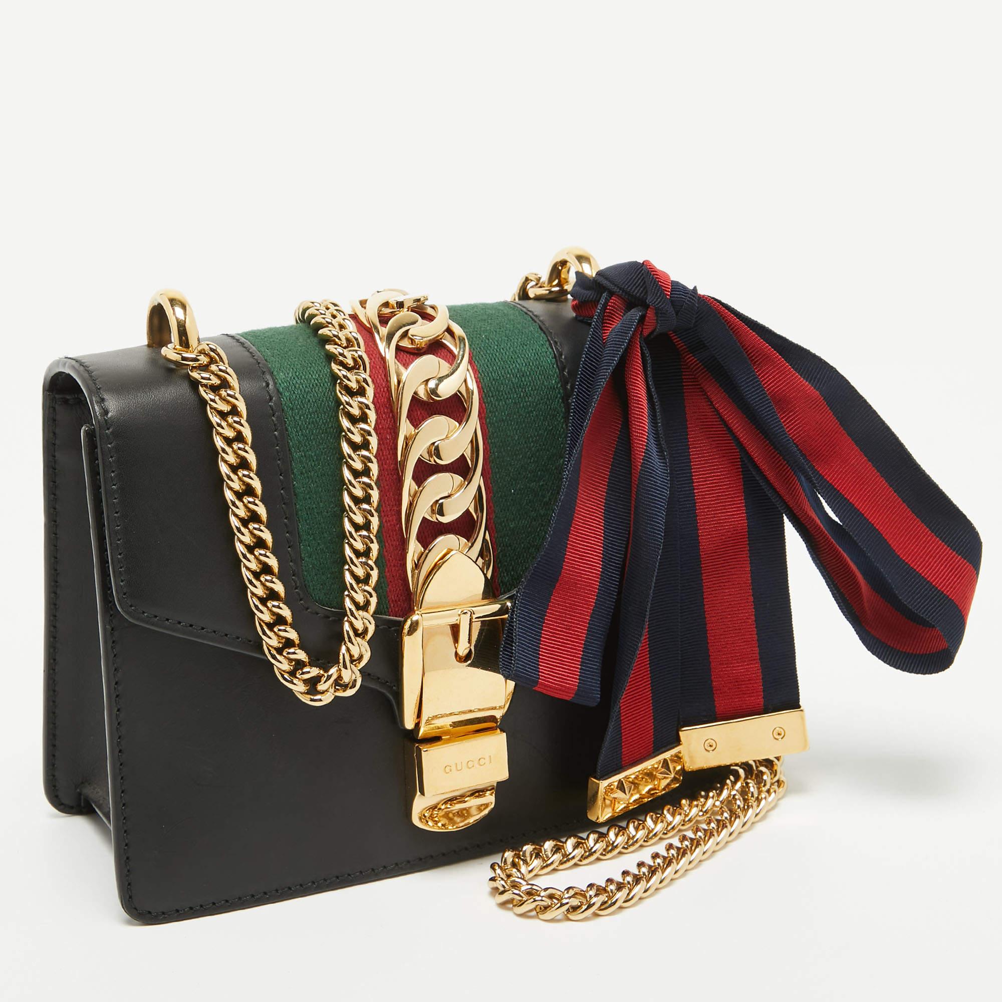 Women's Gucci Black Leather Mini Web Chain Sylvie Crossbody Bag For Sale