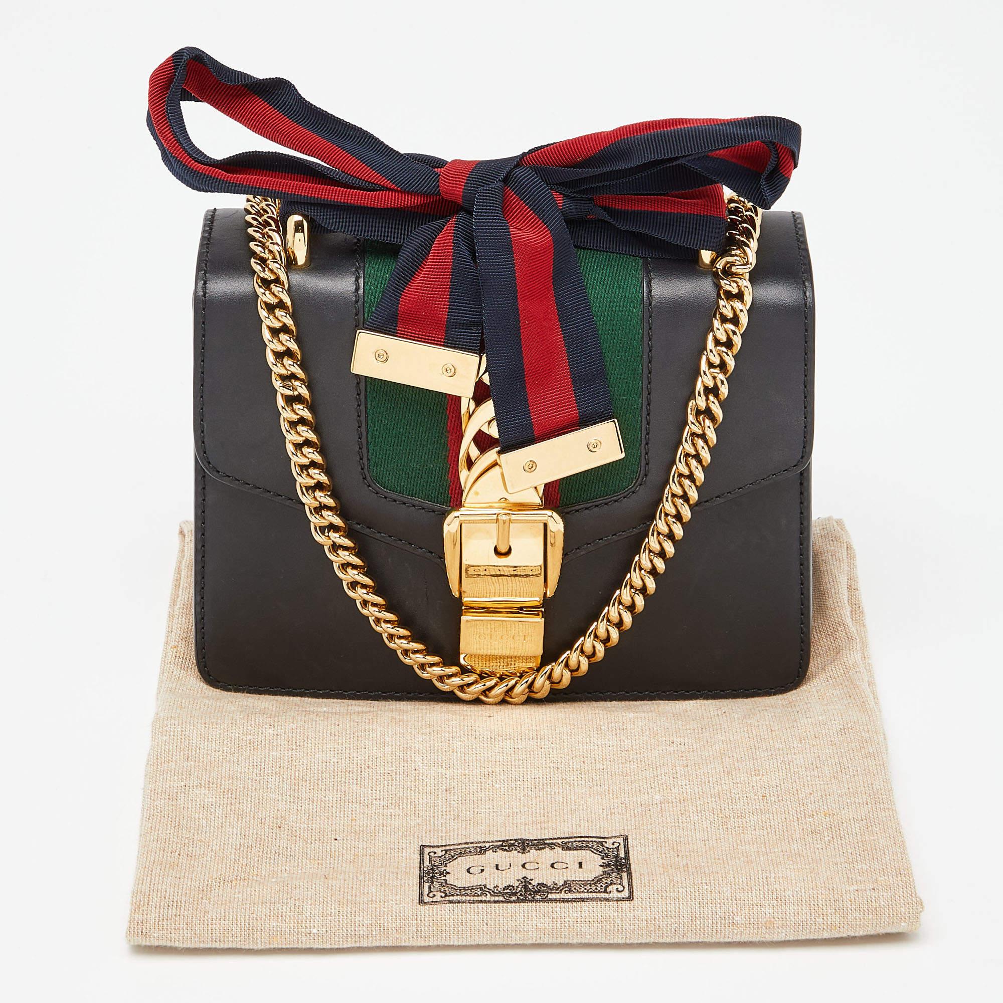 Gucci Black Leather Mini Web Chain Sylvie Crossbody Bag 2